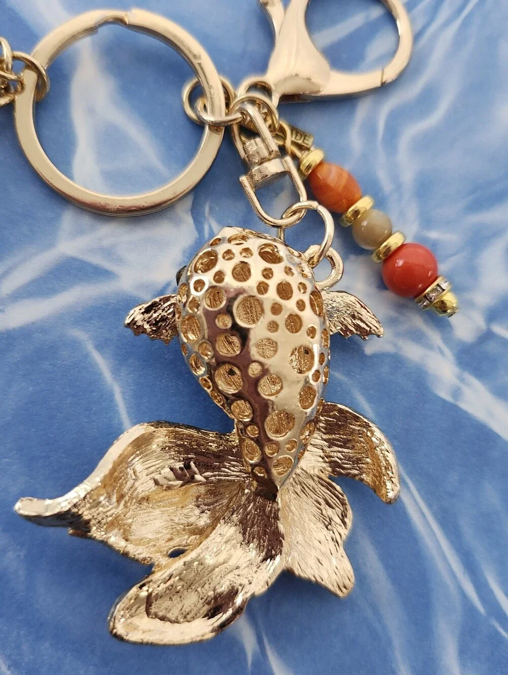 Goldfish Fantail Purse Charm Rhinestone Fire Agate Jasper Handcrafted
